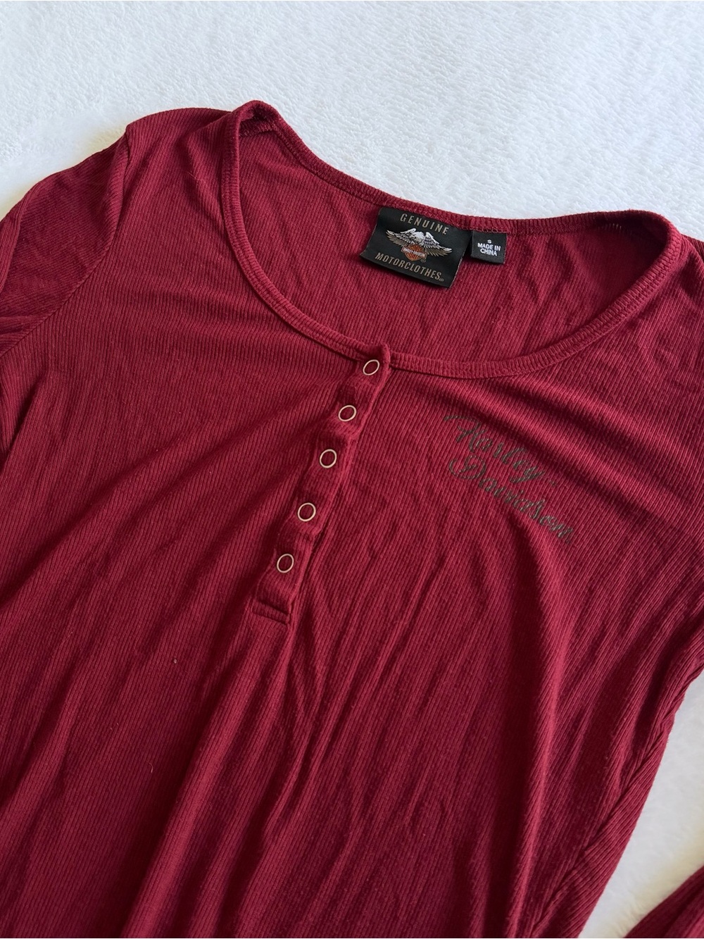 Harley-Davidson Burgundy Ribbed Henley Long Sleeve Top Y2K Size Small